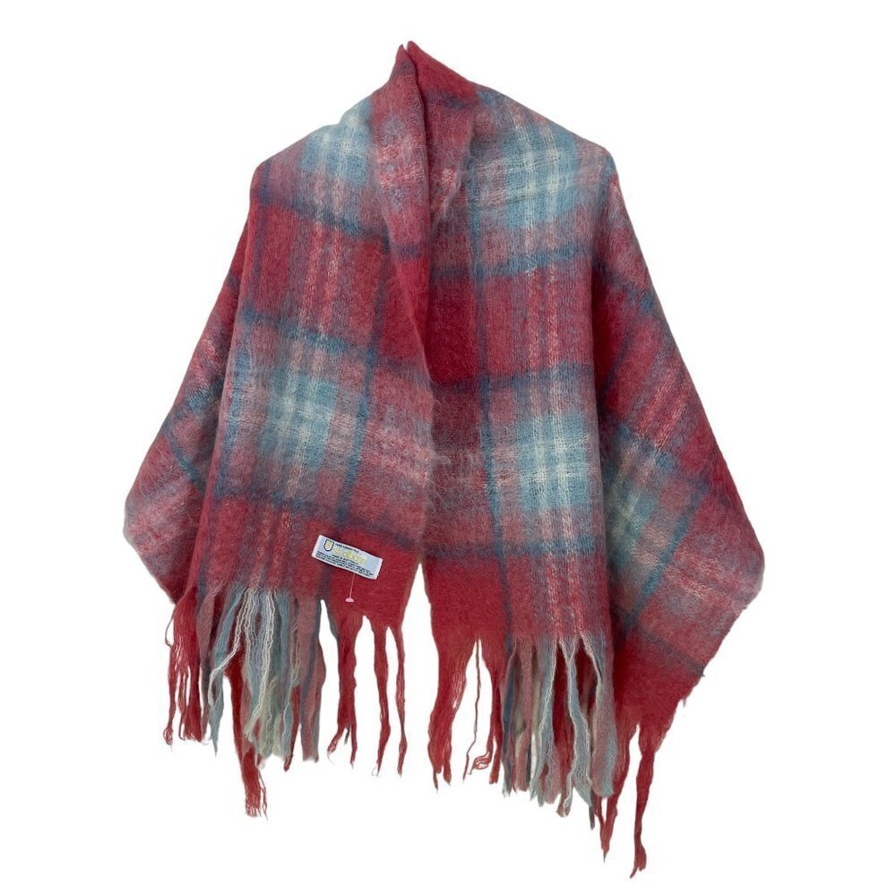 St Albans Pure Mohair Pile Fringed Checked Oversized Scarf Shawl Australia NWOT